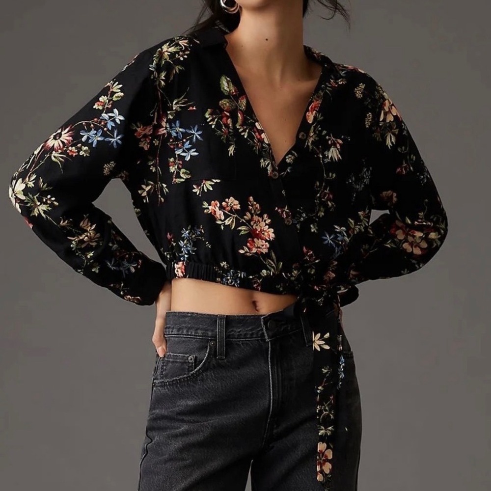 New‎ Pilcro Anthropologie Black Floral Linen Blend Waist Tie Cropped Top Small